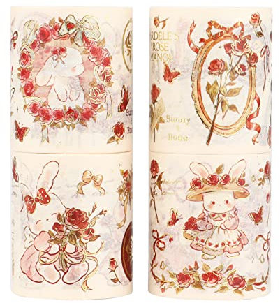LGEGE 4 Rollen Rose Manor Washi Tape Set, 45mm breit, verschiedene Muster von Kaninchen Rosen, Masking Tape Dekor für Scrapbook, Bullet Journal, Geschenkverpackungen (3m)
