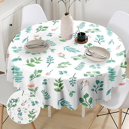 G-dake Tischdecke Rund 150 cm Abwaschbar, Wasserdicht Eucalyptus Blatt&Blumen Tischtuch Polyester Fleckschutz Garten Runde Tischdecken für Draußen Küche Party Deko(150cm)