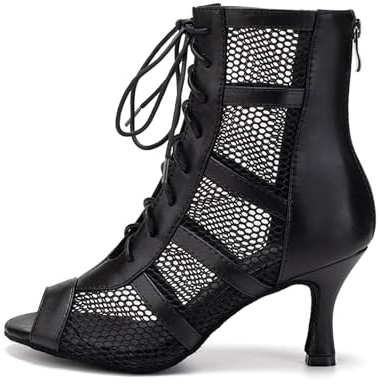 AOQUNFS Women Ballroom Dance Shoes Lace-up Open Toe Ankle Boots Salsa Latin Dance Heels,L446,Black,US 9