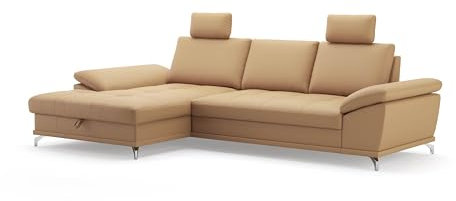 Cavadore Eckcouch Castiel mit Federkern / Ecksofa mit XL-Longchair, Bett, Bettkasten, Sitztiefenverstellung, Kopfstützen und mattschwarzen Metallfüßen / 301 x 89-114 x 176 / Echtleder, Beige