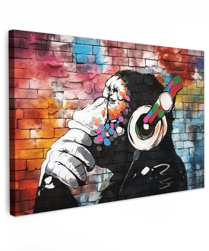 MuchoWow© Leinwand 90x60 cm Deko Schlafzimmer Aesthetic Leinwandbilder Wohnzimmer Gemälde Foto Geschenk Living Room Decoration Affe - Graffiti - Musik - Kunst