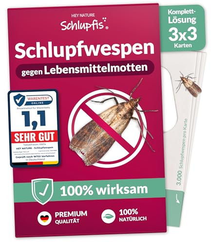 Hey Nature® Schlupfwespen gegen Lebensmittelmotten, 9 Karten (3 Karten à 3 Lieferungen). Effektiv Lebensmittelmotten bekämpfen mit Schlupfwespen gegen Motten. Alternativ zu Mottenkugeln & Mottenspray