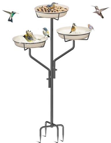 Giyiprpi Vogeltränke Vogelbad Vogelbecken Wassertränke Tränke Stecker Eisen, Metall Vogelbad für Wassertränke Mit 3 Vogelskulpturen, Vogelbad Futterstelle für das Blumenbeet oder (Weiß)