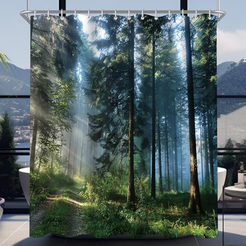 Lerores Duschvorhang 200x200cm Wald Dschungel, Beschwerter Saum Antischimmel Textil, Wasserabweisend, Waschbar Polyester Badevorhänge mit 12 Ösen und Duschvorhangringe für Badezimmer, Badewanne
