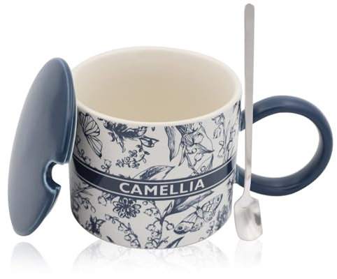 XIMKONTER 380ml taza de café de cerámica, capuchino taza set con cuchara y tapa, taza de té de cerámica hecha a mano de pared gruesa taza de té, regalo para oficina y hogar (azul)