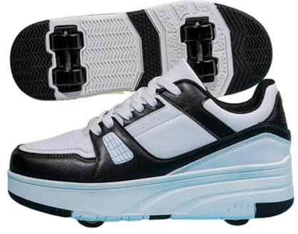 Mateju Schuhe mit Rollen für Jungen Mädchen, Kinder Rollschuhe Schuhe mit 4 Rollen Turnschuhe Versenkbarer, 2-in-1 Roller Schuhe Turnschuhe Skateboardschuhe 34 EU Schwarz
