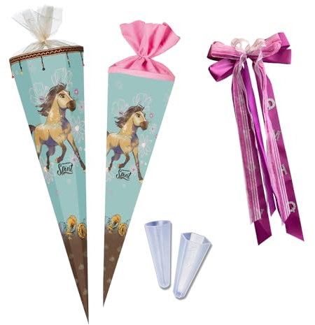 Nestler Schultüten-Set zum Befüllen, Handgemachte Zuckertüte aus Karton - Lizenzmotiv Spirit - Riding Free 2 , Schultüte, Spitzenschutz, Schleife (85 cm 6-eckig)