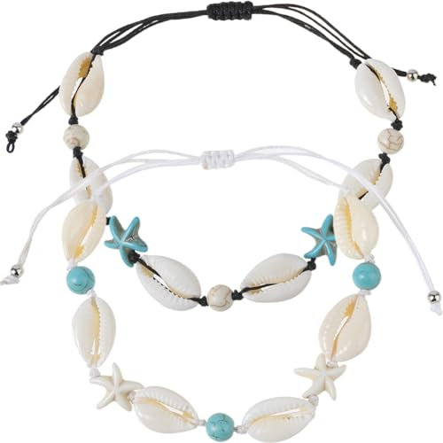 QWEPU Muschelkette, Muschelarmband, Handgemachte Stricken Frauen Armband aus natürlicher Kobaltschale, Strand Sommer Ozean Wind Einstellbare Lucky Shell Seestern Fuß Kette Armband Armband