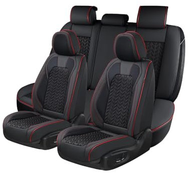 Coverado Sitzbezüge Auto Leder Komplettset, Wasserdichtes Autositzbezüge für 5-Sitze mit geprägten Körnern, Universell Sitzbezug Auto Sitzschoner Kompatibel für Limousinen SUV Pickup LKW, Schwarz