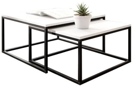 KIER FURNITURE Couchtisch 2er Set - Beistelltisch Sofa - Wohnzimmer Tisch 75x75 und 65x65 cm - LOFTI Sofatisch Quadratisch, Industrial Style, Beine Metall Schwarz - Weiß