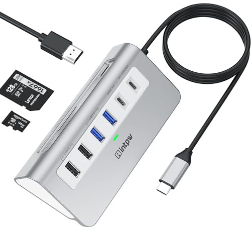 INTPW USB C Hub, 9-in-1 USB HUB 3.0 with 3.28FT Cable, USB C USB Hub with 4K HDMI, PD 100W, 2*USB 3.0/2.0, SD/TF Slot Docking Station for MacBook Air/Pro iPad Type-C Laptop