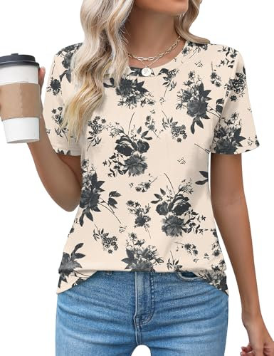Rapbin Women's Going Out Tops Short Sleeve Casual Crew Neck T-Shirts Fashion Laides Pleated Holiday Blouses,Beige/Black Floral,M