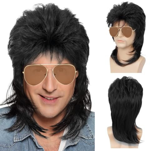 Perücke herren,Vokuhila Perücke mit Sonnenbrille，80er 90er Jahre perücke herren，Rocker punker perücke für Karneval, Fasching, Cosplay Halloween Party（Schwarz）