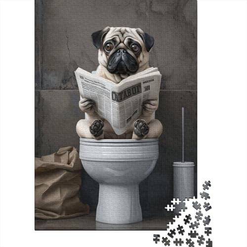 Mops sitzt auf der Toilette, Puzzle aus 100 % recyceltem Karton, schwierig, für Kinder und Erwachsene ab 12 Jahren, Ostergeschenk, 38 x 26 cm, 1000 Stück