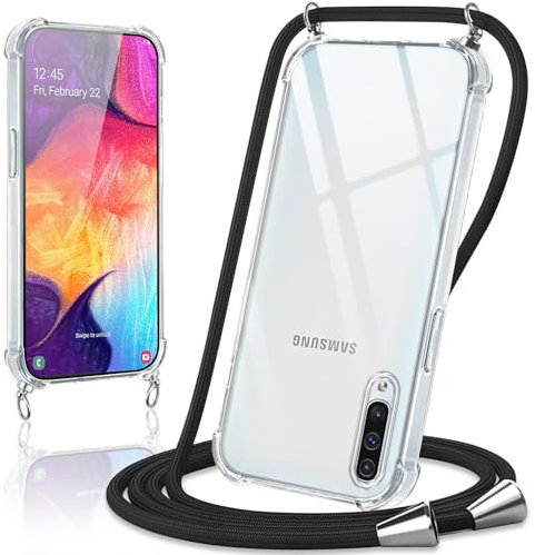 Coiwxmoi Handyband Handyhülle für Samsung Galaxy A50 / A30S /A50s Hülle mit Band 6,4,Transparent Case mit Kette Abnehmbar zum Umhängen Kordel Schutzhülle,Weich Silikon TPU Stoßfest Cover,Schwarz