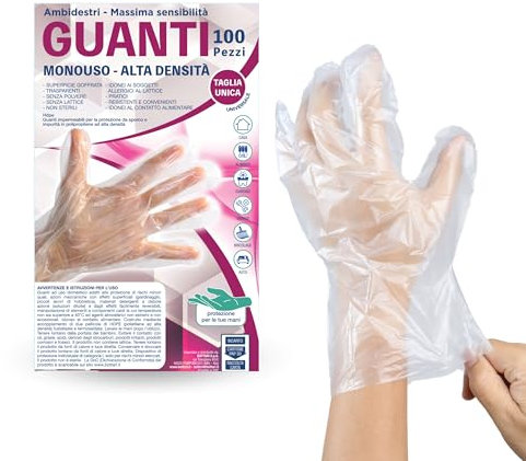 Bottari Guanti Monouso in HDPE Senza Polvere, 100 Pezzi, Resistenti per Pulizia, Alimenti, Giardinaggio, Bricolage e Casa
