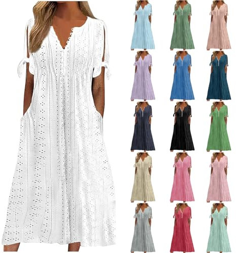 KUIH Maxi Dresses for Women UK Loose Casual Short Sleeve A Line Sundress Holiday Wedding Guest Dress Plus Size Hollow Out Ladies Summer Dresses for Beach Party Daily