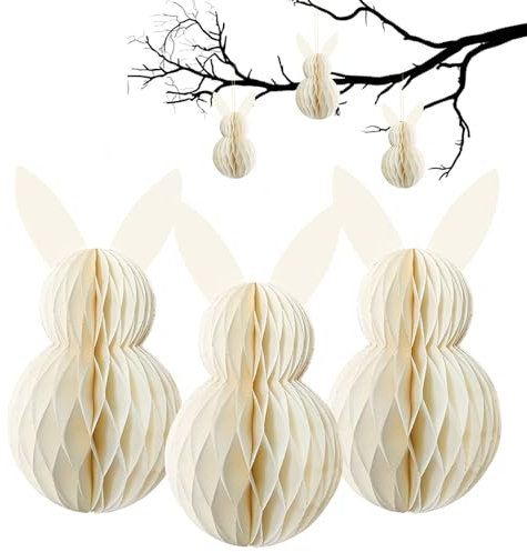 LUMOOM 3 Stück Osterdeko Wabenbälle, Osterhase Papier Faltbar, Wabenhase aus Seidenpapier, Aufhängen Osterhasen für Draußen, Wiederverwendbar Ostern Dekorieren (Weiß)