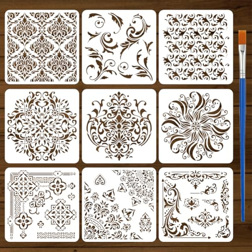 FINGERINSPIRE 9 Stück Damast Malschablone Mit Pinsel 30x30cm Mandala Blumen Zeichenvorlage Blumen Eckrand Muster DIY Dekorationsschablone Zum Malen Auf Holz Wänden Stoffen Und Möbeln