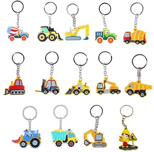 YUZHEDM Ensemble de 14 Pièces Porte clés Tracteur Pelleteuse Enfant Porte-clés le Matériau Pvc est Doux et Elastique Decor Tracteur Porte Clef Convient aux Cadeaux D'anniversaire des Enfants