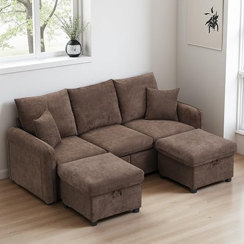 Zubaliya Canapé d'angle Convertible,canapé Convertible 3 Places,canapé 3 Places Multifonctionnel rembourré en Forme de U,avec tiroirs + Tabouret avec Compartiment de Rangement,revêtement en Chenille