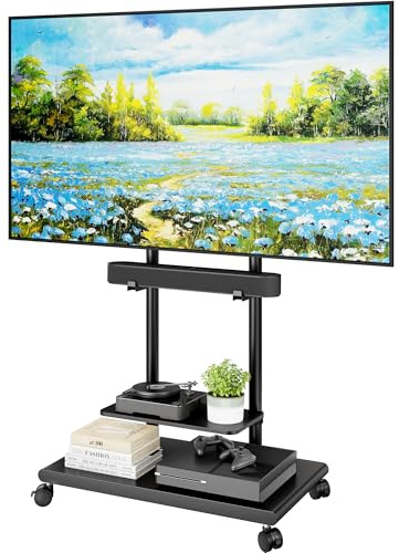 ECOTINY TV Ständer Rollbar mit Soundbar Halterung für 50-90 Zoll bis 70kg | Max VESA 600x400mm, Höhenverstellbar Fernsehständer mit Verbreiterter Stahlfuß & Ablage, Schwenkbar Neigbar