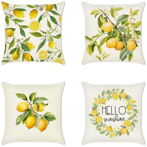 MEILIHEN Leinen Kissenbezug 45x45 Winter Gelb Zitrone Muster Kissenhülle 4er Set Dekokissen Bezug für Couch Sofa Kissen Kissenbezüge Deko Zierkissen Couchkissen Zitrone Deko Outdoor Kissenbezug