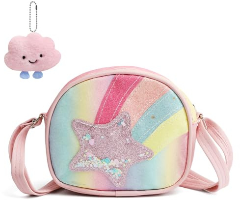 UOCAI Sac à Main pour Petite Fille avec Paillettes Étoiles,Sac Bandoulière Enfant avec Sangle Réglable Sac à Main Cadeau Fille 3–10 Ans avec Pendentif Nuage Rose Sac Petite Filles pour École