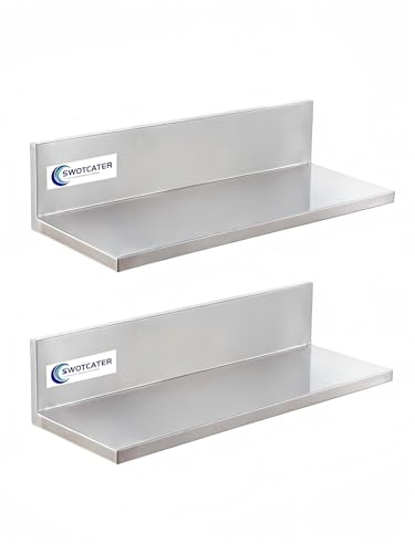 SWOTCATER Edelstahl-Wandregal, 21,8 x 40,6 cm, 22,7 kg, L-förmig, kommerzielle Wandhalterung, schwebendes Regal für Küche, Restaurant, Zuhause, 2 Stück