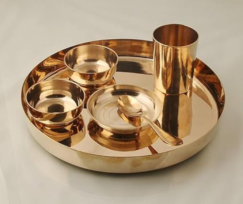 Traditional Bronze Thali Dinner Set, Copper-Tin Alloy Dining Plate with Bowls and Glass, Round Serving Platter