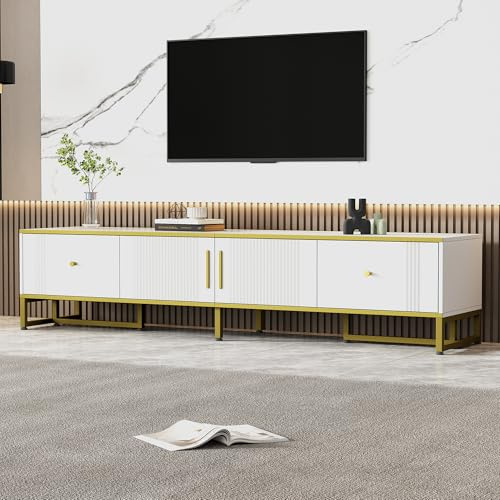 BXEYXE Eleganter weißer TV-Schrank. 180x40x40 cm. mit Goldener Umrandung. 2 Türen. 2 Schubladen. verstellbaren Füßen und Kabelmanagement – ideal für 80-Zoll-Fernseher