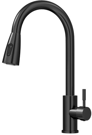 Amdoticknpf Rubinetto Lavello Cucina, Miscelatore Cucina con 2 Modalità Acqua Doccetta Estraibile, Rubinetti Monocomando Lavello Girevole a 360°, Facile da Installare, Acqua Fredda e Calda, Nero