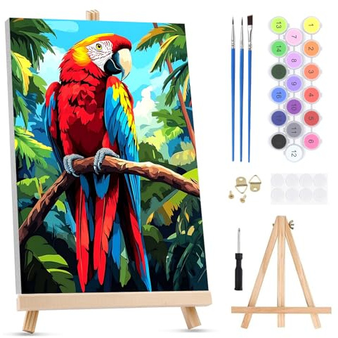 QENSPE Peinture par Numéros pour Adultes sur Toile Encadrée - avec Chevalet, Perroquet Paint by Numbers Kit, Animaux Cartoon Peinture à l'huile Acrylique pour Décoration Murale Maison (20x30 cm)