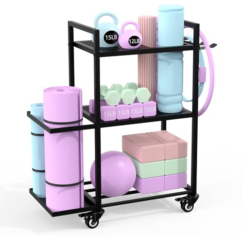3-Tier Dumbbell Rack, Multifunctional Barbell Stand, Home Gym Storage for Dumbbells, Kettlebells, Yoga Block – Yoga Mat Organizer with Wheels and Hooks