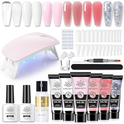 Born Pretty Polygel Starter Set mit UV Lampe - Poly Gel Nägel Set 6 Farben Jelly Rose Nagelverlängerung Kit Base Top Coat Slip Solution