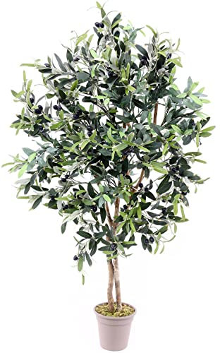 Künstlicher Olivenbaum 100cm mit Naturstämme & 640 Blätter aus Textilfaser - Kleiner Olivenbaum mit Früchten