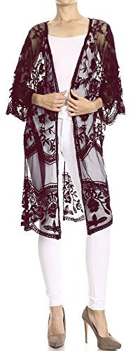 Anna-Kaci Womens Long Embroidered Lace Kimono Cardigan with Half Sleeves Burgundy(Size: One Size)