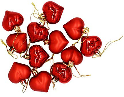 Amosfun 24 Stück Weihnachtsbaum hängende Herzen Dekorationen Ornamente Herzform Weihnachtsbaum Christbaumkugeln rot, plastik, rot, 4.5 * 4.5CM