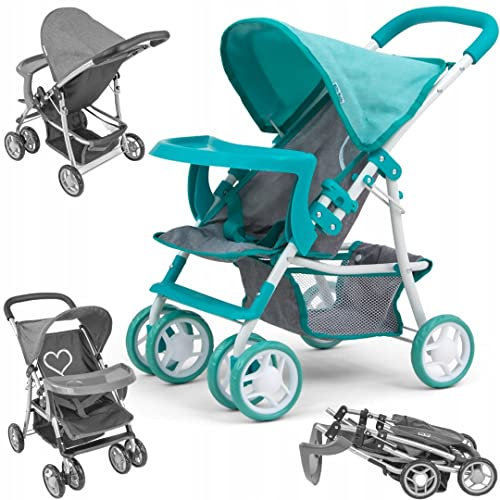 Milly Mally Puppenwagen Kate klappbar, für Mädchen ab 3 Jahren, mit Verdeck, Schaumrädern, Gurten Prestige Mint Minze