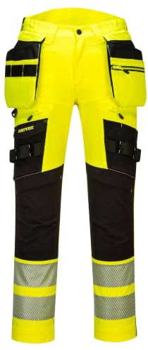 Portwest DX442 DX4 Hi-Vis Hölsterbyxor Flera Fickor Elastisk Midja Lättvikt | Gul/Svart, EN 14404, EN ISO 20471 Klass 2, UPF 50+, Polyester, Trippelsydda Sömmar, Reflekterande, Knäskyddsfickor, Knäskydd