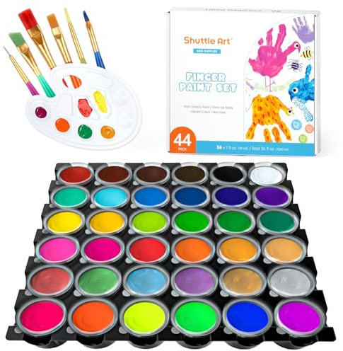 Shuttle Art Finger Paints, 44 Pack Washable Paints for Kids with 36 Colours Baby Safe Paints(30ml), Finger Painting Kit with Paint Brushes, Paper Pad, Palette, Paints for Kids Toddlers Ages 2 Years +