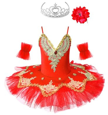 MSemis 3tlg. Mädchen Ballettkleid Schwan Ballett Kostüm Tanz Trikot mit Mesh Tutu Kleid Kinder Ballettkleidung Gr. 98-164 A Rot 122-128