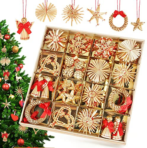 Bluelves Strohsterne Christbaumschmuck, 56pcs Strohsterne, Christbaumschmuck Stroh, Weihnachtsbaumschmuck Stroh, Weihnachtsschmuck, Natürlicher Baumschmuck Weihnachten für Weihnachtsbaum Deko