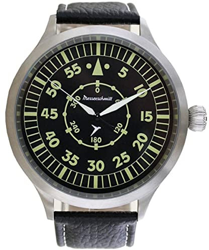 Messerschmitt Aristo Fliegeruhr Triple X - Edelstahlgehäuse Ø 65mm mit schwarzem Lederarmband - automatisches Uhrwerk mit floureszierenden Zeigern - Made in Germany