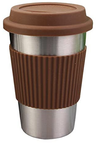 Hoshen Taza de vaso de 17 onzas (con tapa de silicona), taza de café de acero inoxidable, posavasos antiescaldado, taza de bebidas, marrón