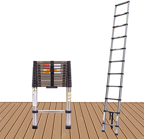 DICN 3.2m Telescopic Ladder, Stainless Steel, 11 Steps, 150kg Load Capacity, Silver
