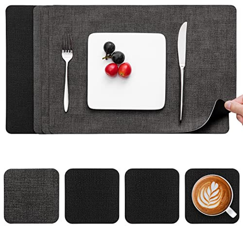 Myir JUN Tischsets Abwaschbar Leder und Untersetzer, Doppelseitigen Platzset 4er Set rutschfest Platzdeckchen Leder Kunstleder Tischset (Grau Schwarz, 4er Set)