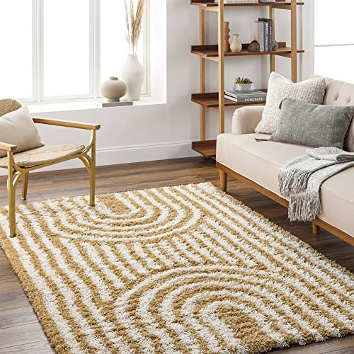 Livabliss Kalba Shaggy Berber Teppich - Flauschiger Langflor Hochflor für Wohnzimmer, Esszimmer, Schlafzimmer - Groß 160x220 cm in Senfgelb, Weiß