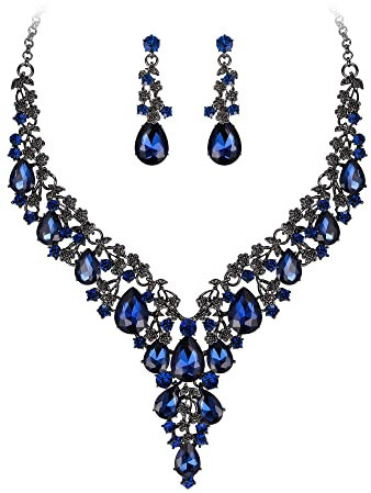 Clearine Hochzeit Schmuck-Set Tropfen Strass Cluster Statement Halskette und Ohrhänger-Set Kostümschmuck für Damen Saphir Farbe Schwarz-Ton