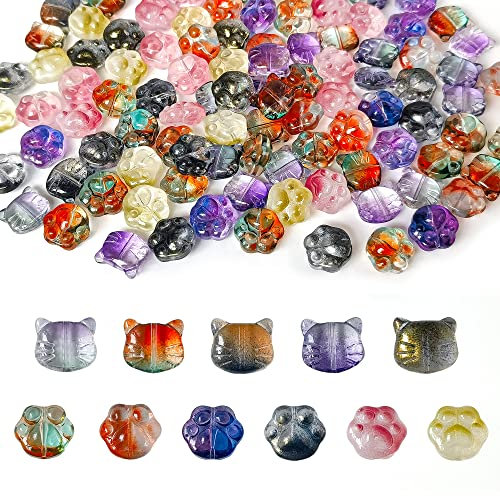 110 Stück Katzenpfoten-Druck-Glasperlen Kristall Katze Fußabdruck Lampwork Perlen 11 Stile niedliche Haustierpfote lose Perlen für DIY Handwerk Schmuck Halskette Ohrringe Armband Herstellung